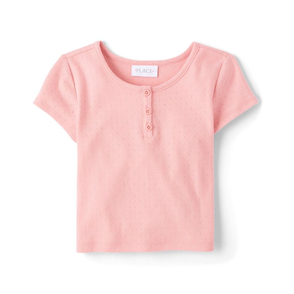 The Children's Place Girls Pointelle Henley Top | Size XS (4) | Pink | Cotton/Polyester