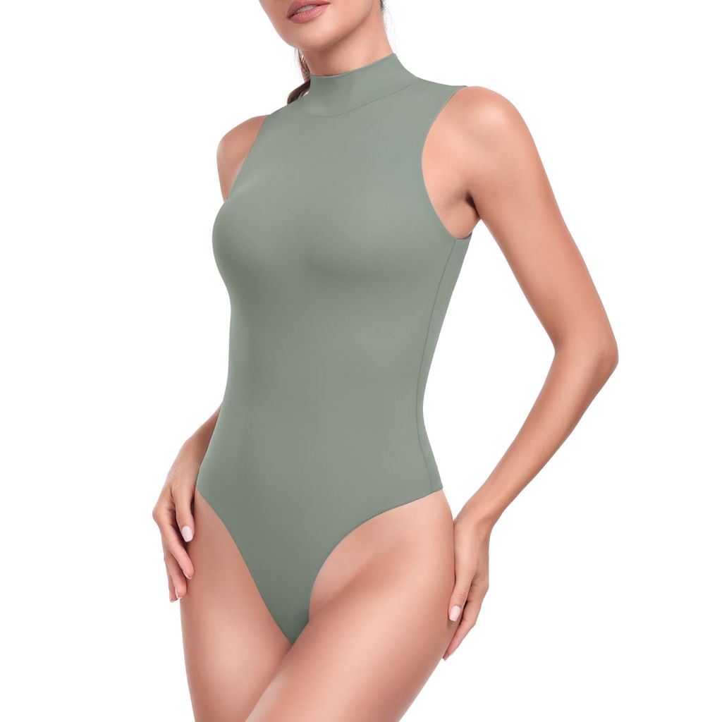 HeyNuts Women's Ultra Soft Mock Turtleneck Sleeveless High-Cut Thong Bodysuit - Desert Sage, Size XS (0/2)