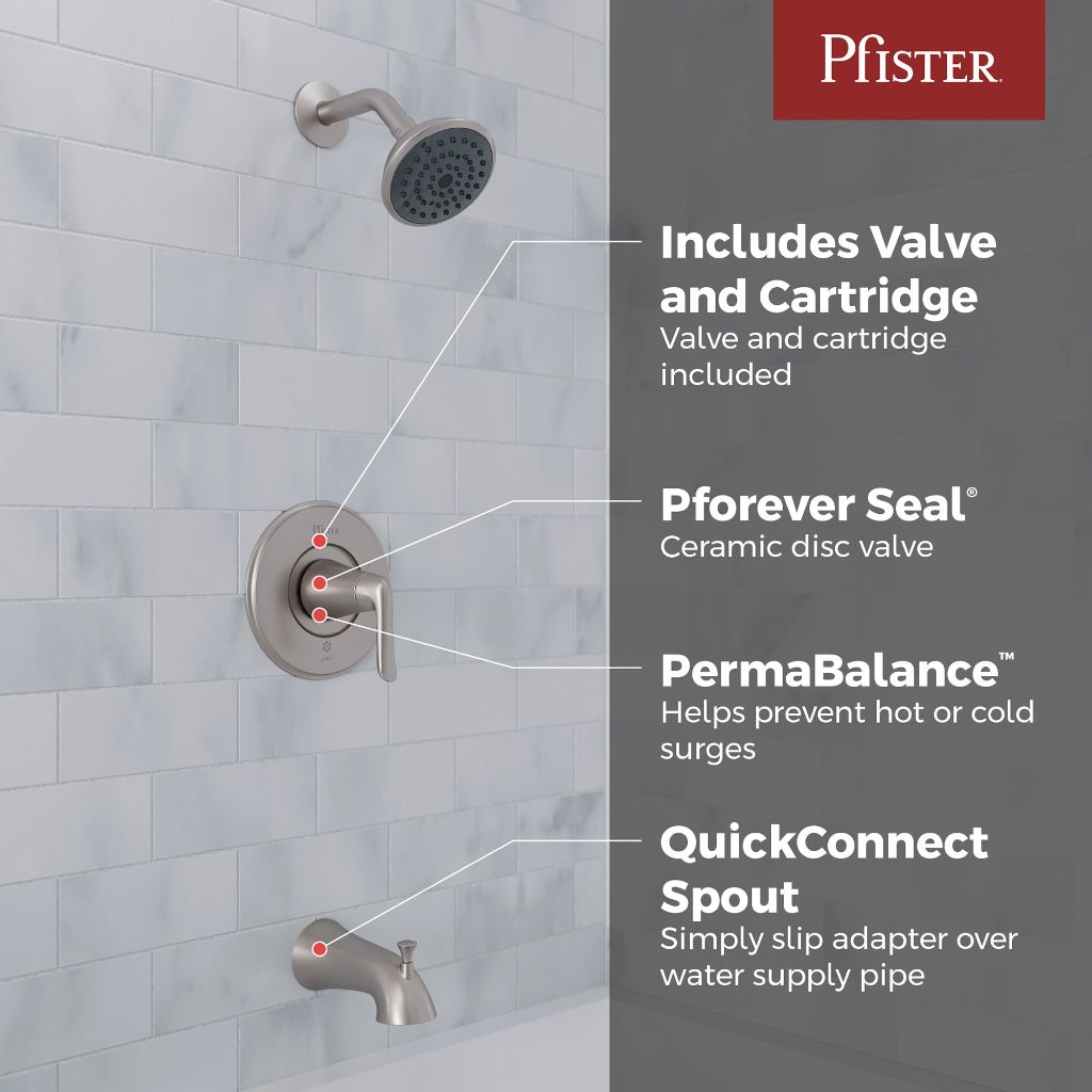 Pfister Willa Tub & Shower Trim Kit, Valve and Cartridge Included - Brushed Nickel Finish (8P8WS2MALSGS)