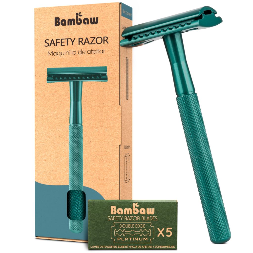 Bambaw  Single Stainless Steel  Safety Razor, 5 Double Edge Safety Razor Blades - Sea Green