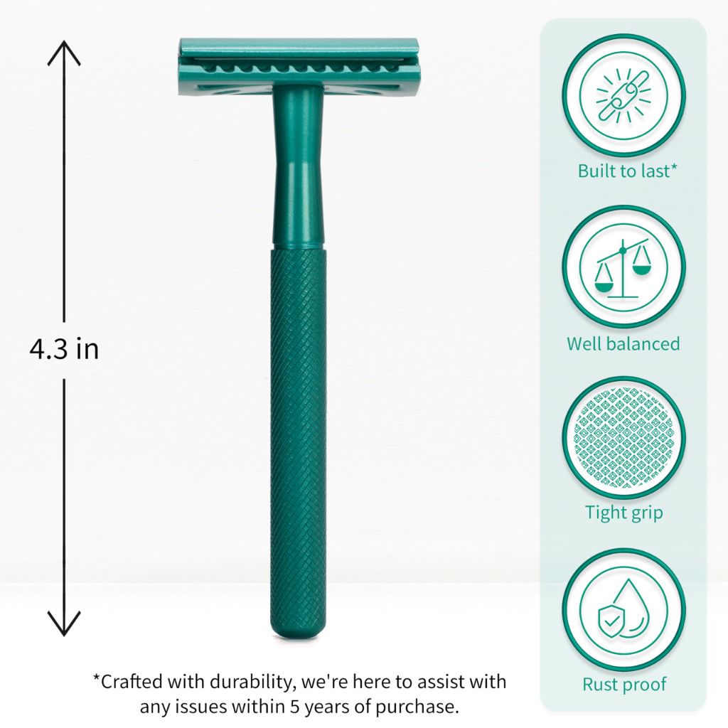 Bambaw  Single Stainless Steel  Safety Razor, 5 Double Edge Safety Razor Blades - Sea Green