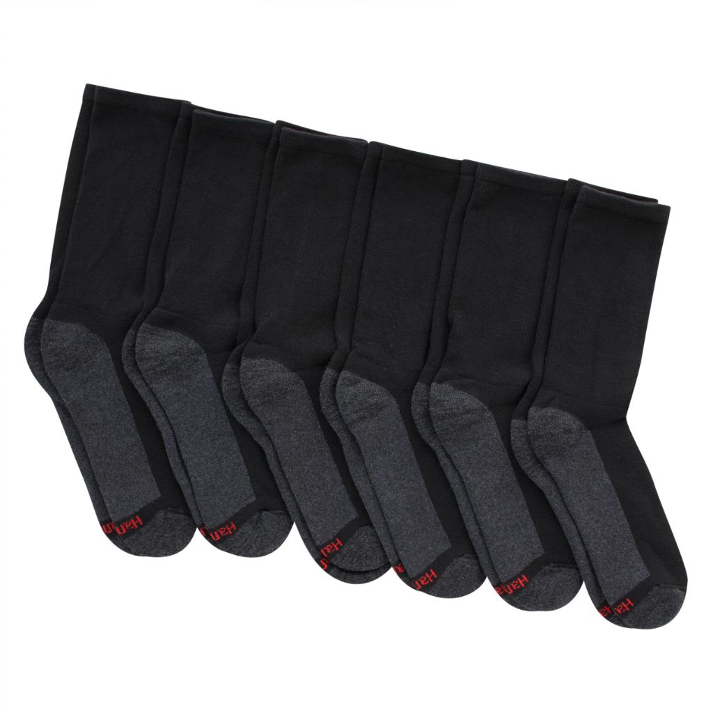 Hanes Men's Cushion Crew Socks - Black/Gray, Size 6-12 (6 Pair)