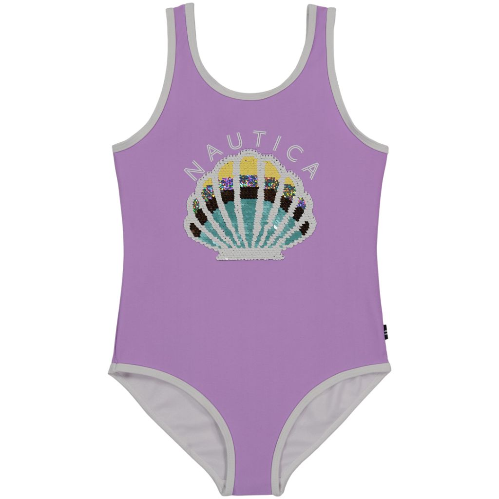 Nautica Girls' One-Piece Swimsuit with UPF 50+ Sun Protection, Quick Drying Bathing Suit, Lavendula Seashell Sequin, 8-10 M