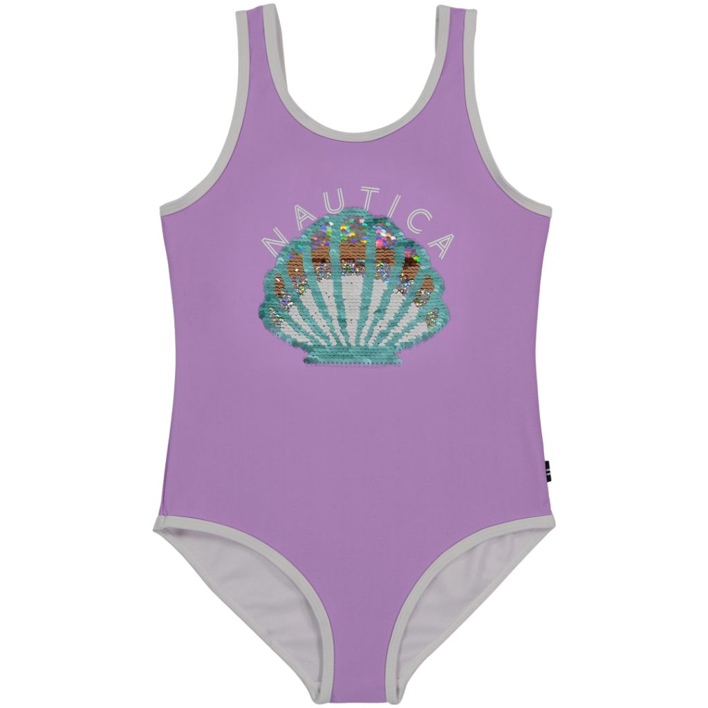 Nautica Girls' One-Piece Swimsuit with UPF 50+ Sun Protection, Quick Drying Bathing Suit, Lavendula Seashell Sequin, 8-10 M