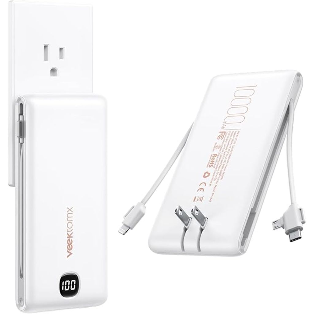 VEEKTOMX Portable Charger with USB-C Cables and Built-In Wall Plug, 22.5W 10000mAh - White