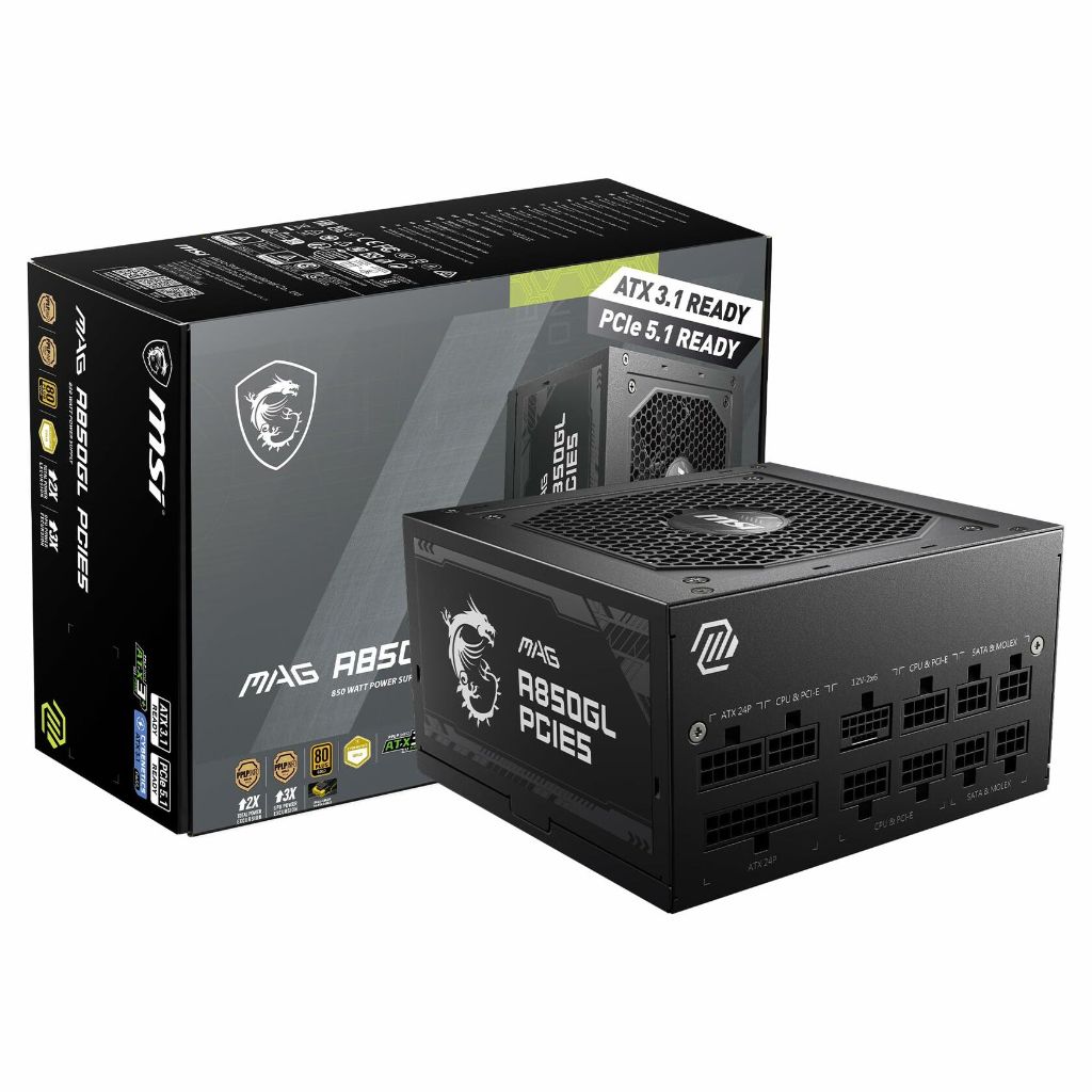 MSI MAG A850GL PCIE 5 80 Plus Gold 850W Fully Modular 12VHPWR Cable ATX 3.0 Power Supply