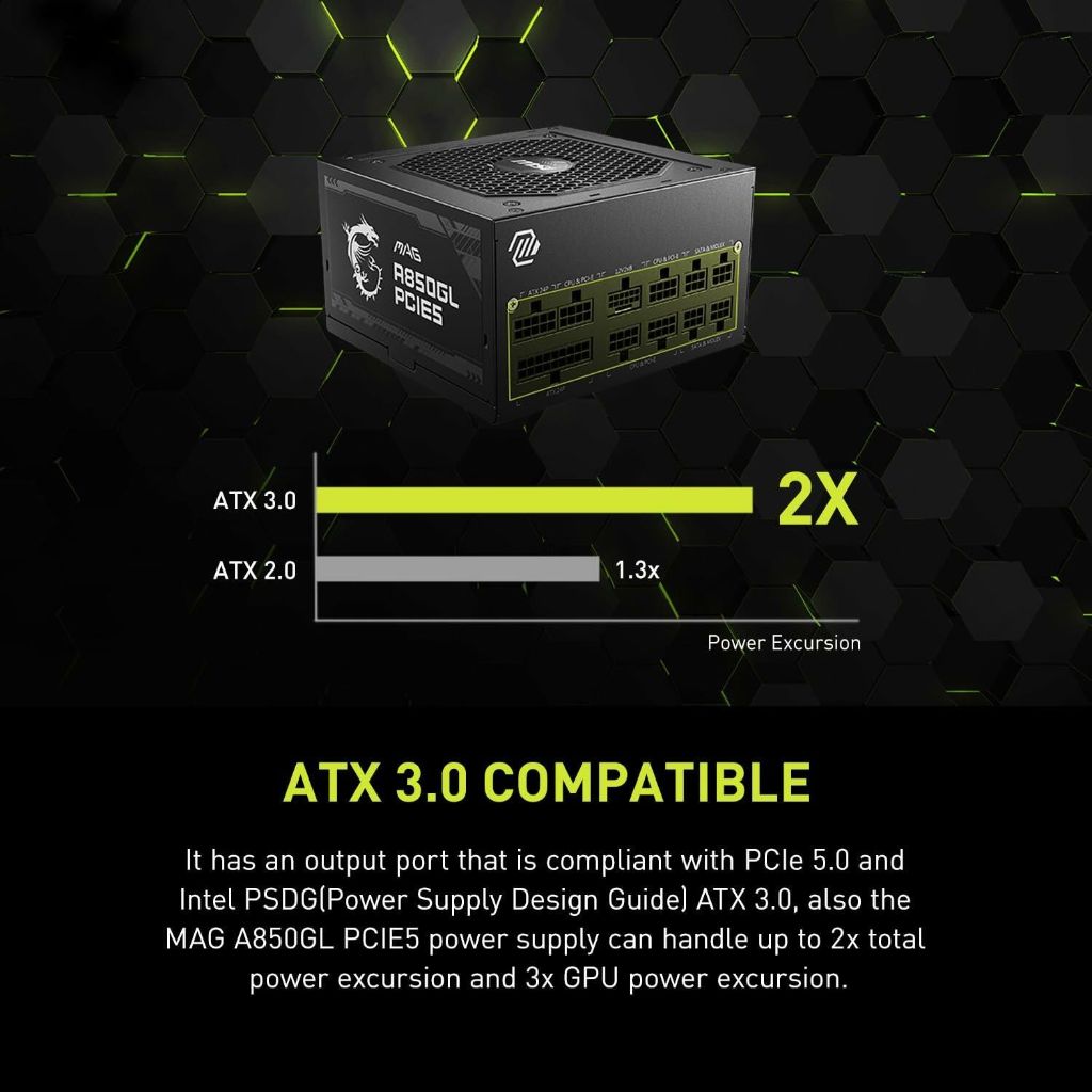 MSI MAG A850GL PCIE 5 80 Plus Gold 850W Fully Modular 12VHPWR Cable ATX 3.0 Power Supply