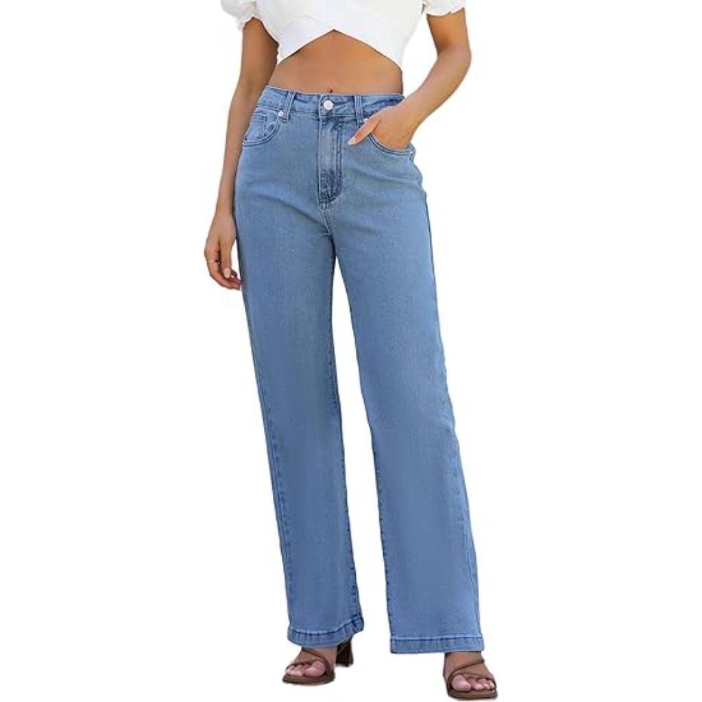 Ettelo Women's High Waisted Straight Leg Stretchy Tummy Control Jeans - Light Wash, Size 12