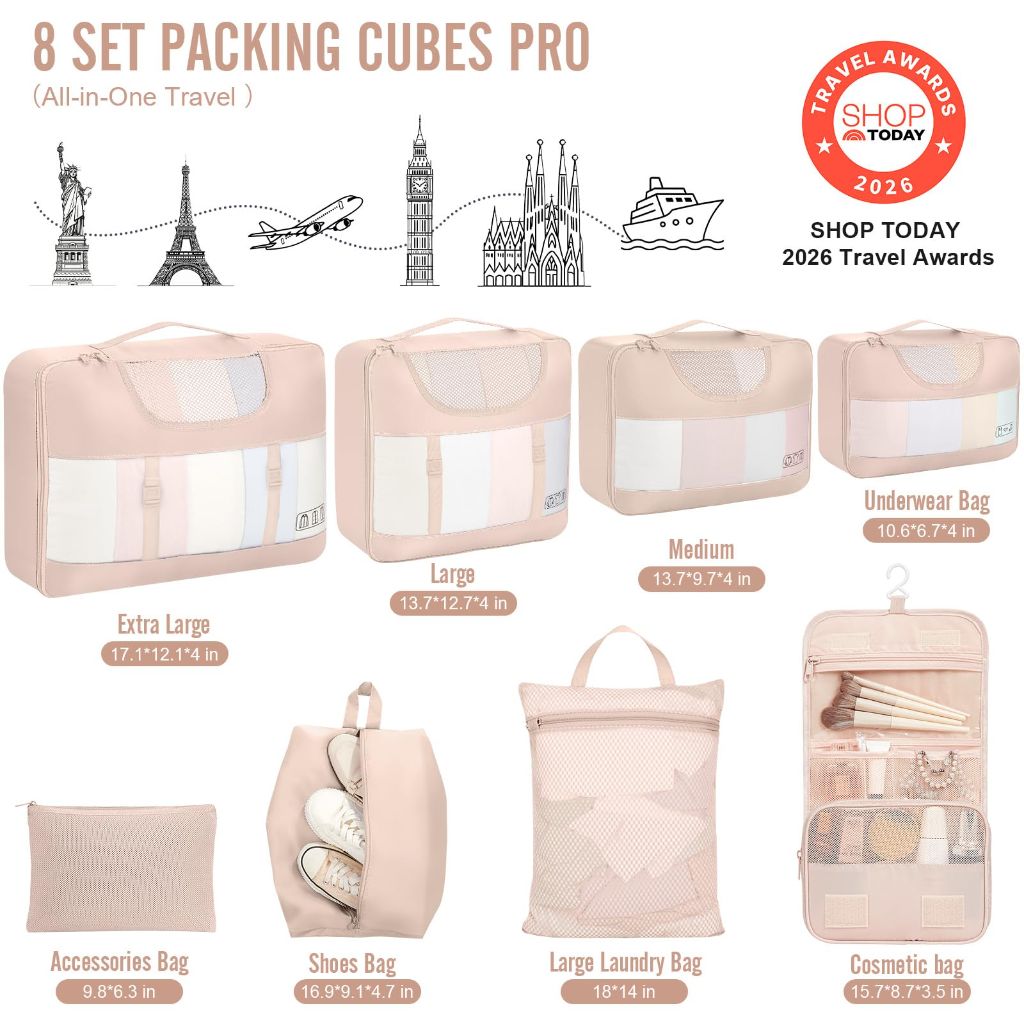 Veken Travel Packing Cubes - Set of 8 (Beige)