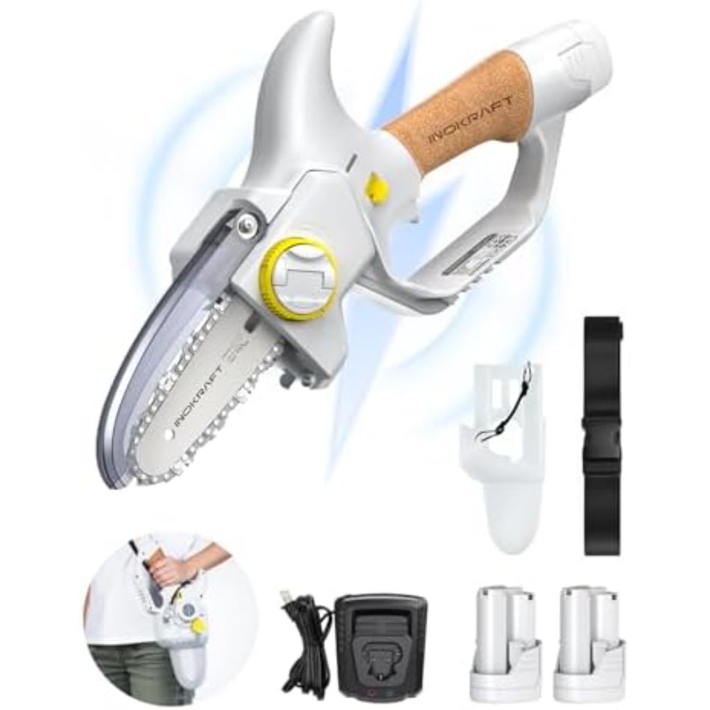 InoKraft Brushless 4" Cordless Mini Chainsaw, Portable Handheld, 2 Battery and Charger