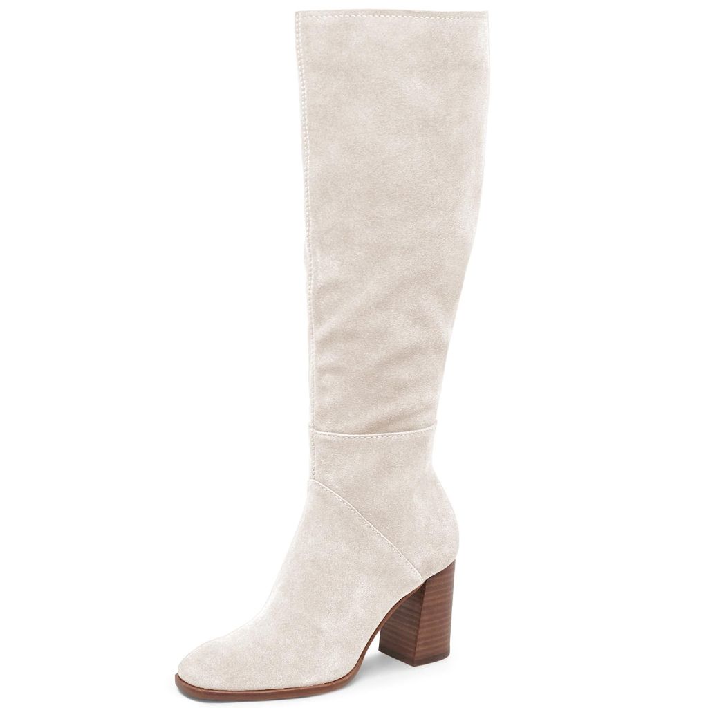 Coutgo Women's Knee High Square Toe Chunky Block Heel Boots - Faux Suede Beige, Size 10