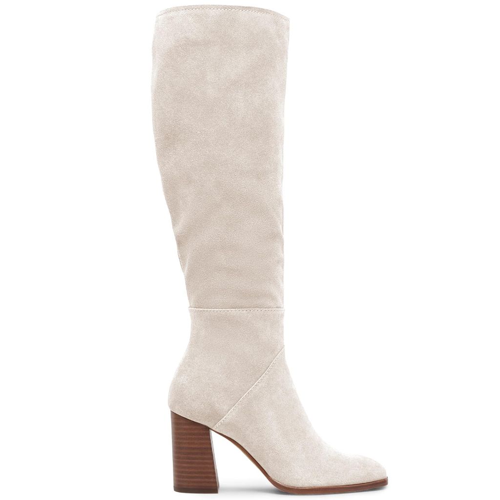 Coutgo Women's Knee High Square Toe Chunky Block Heel Boots - Faux Suede Beige, Size 10