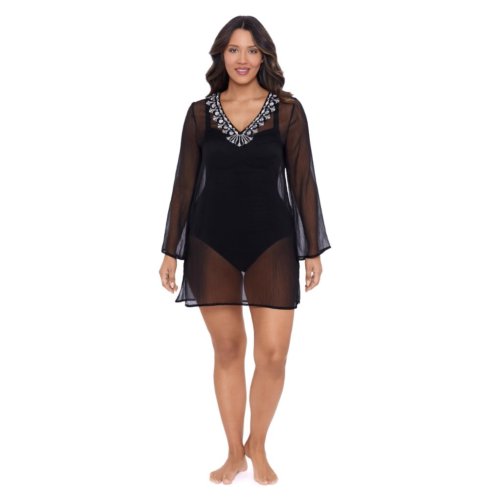 Trimshaper Women's Embroidered Coverup Dress - Black, Size Medium