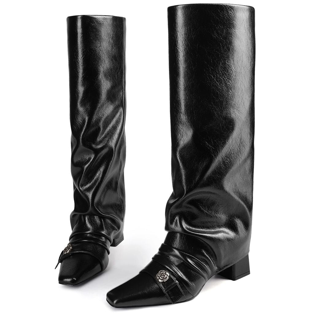 Women's Square-Toe, Chunky Heel Knee High Slouchy Boots - Black, Size 8.5