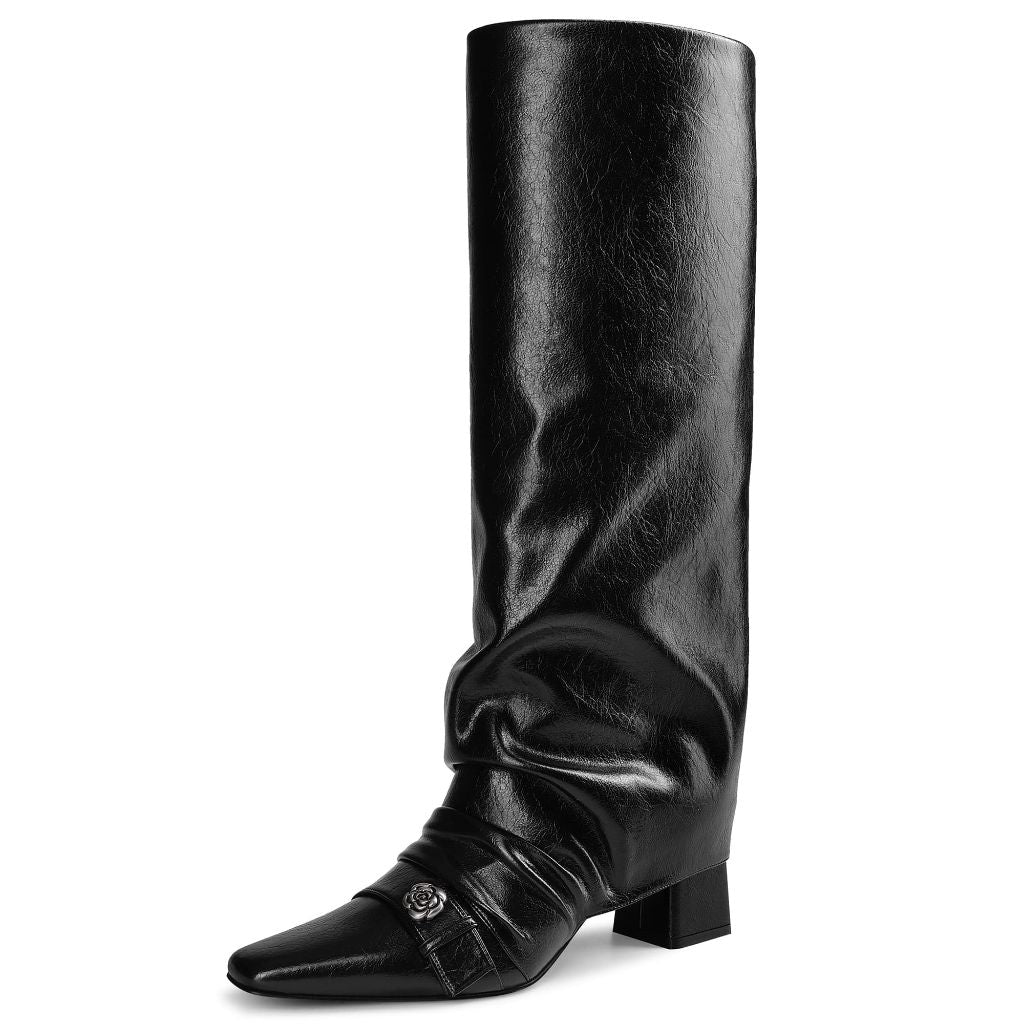 Women's Square-Toe, Chunky Heel Knee High Slouchy Boots - Black, Size 8.5