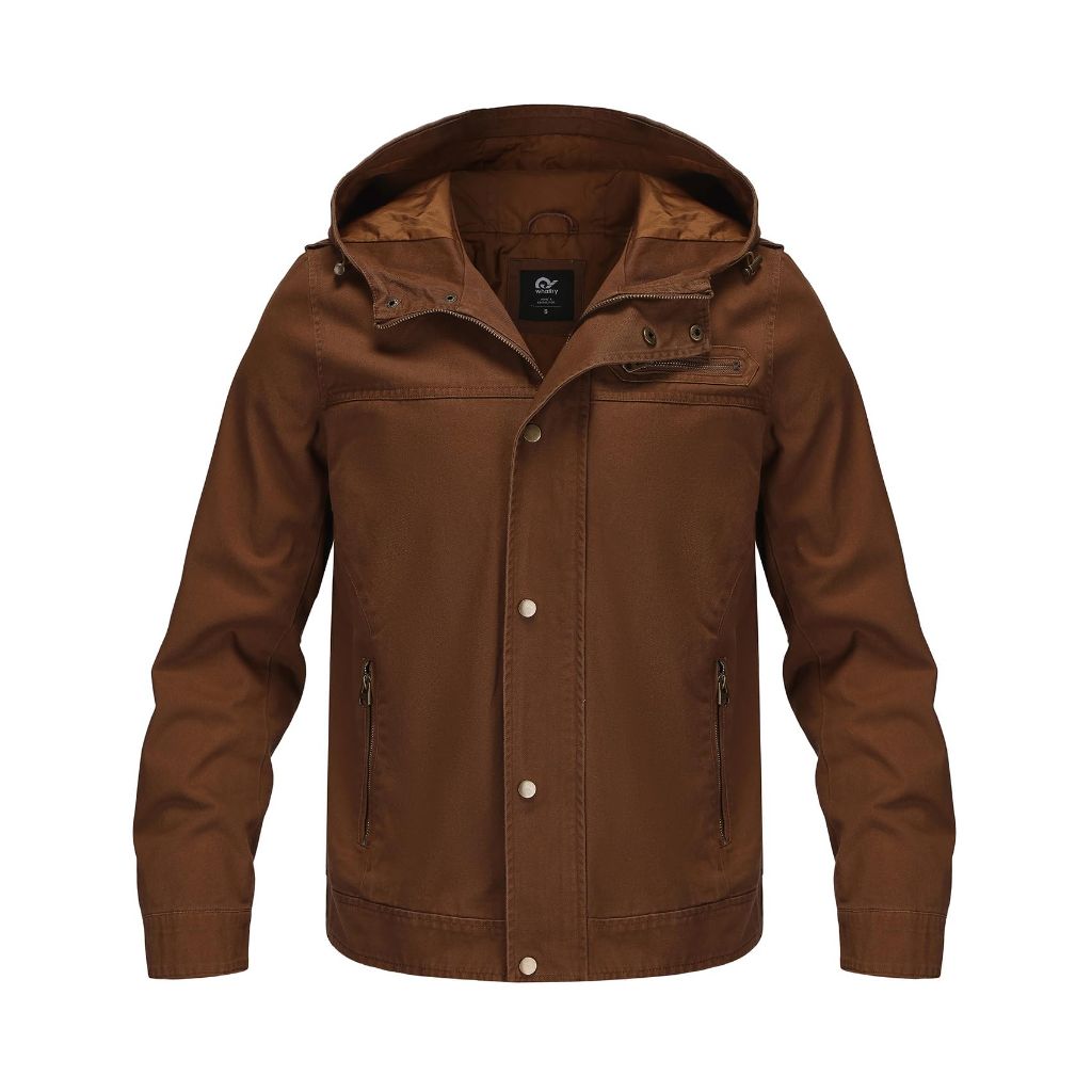 Whattry Men's Casual Washed Canvas  Military Jacket - Brown, XL