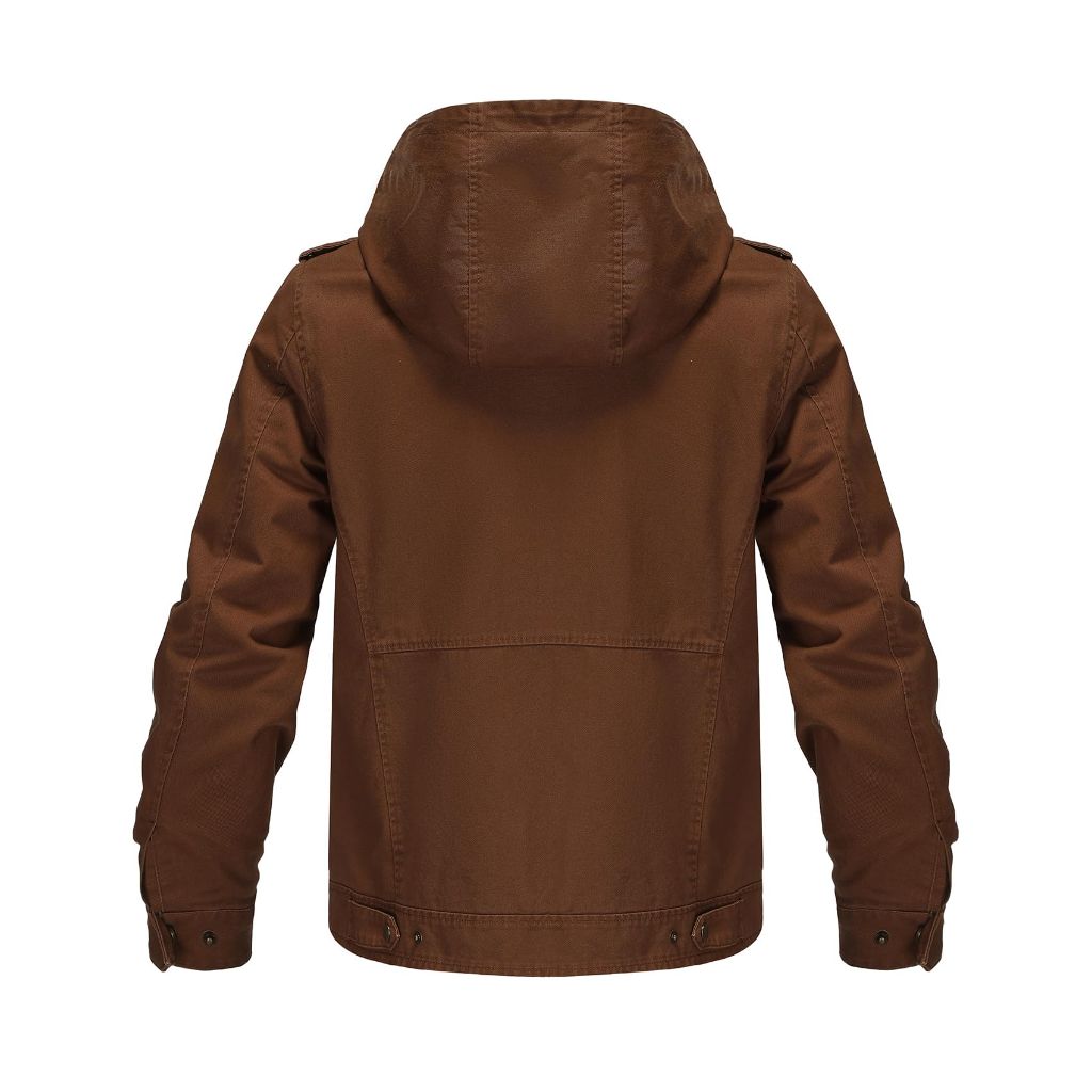 Whattry Men's Casual Washed Canvas  Military Jacket - Brown, XL