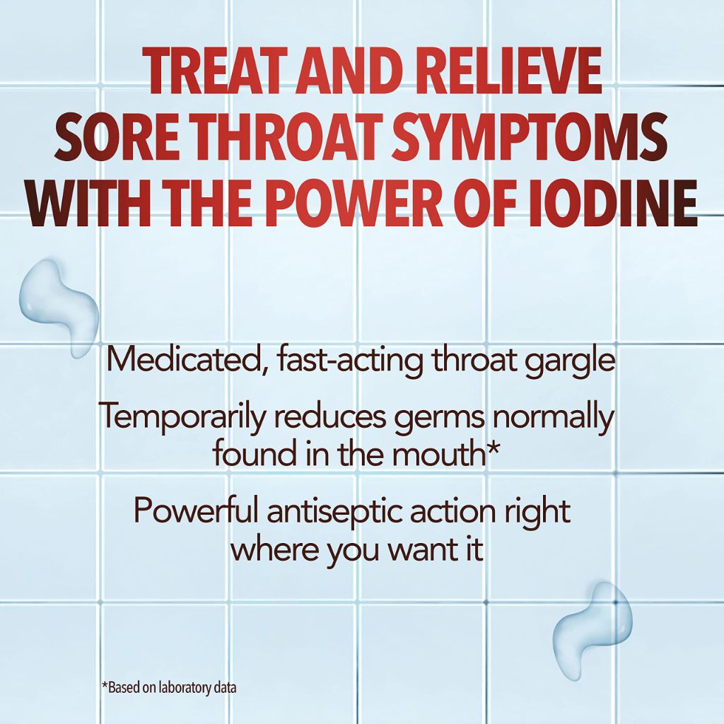 Betadine Sore Throat Relief Gargle, 8 Oz, Fast Acting Antiseptic with Povidone-Iodine 0.5%, Sore Throat Medicine, Mint Flavor