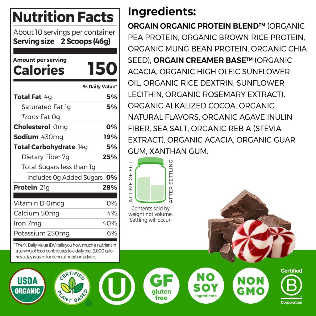 Orgain Organic Vegan Protein Powder - Peppermint Hot Cocoa, 1.02 lb.