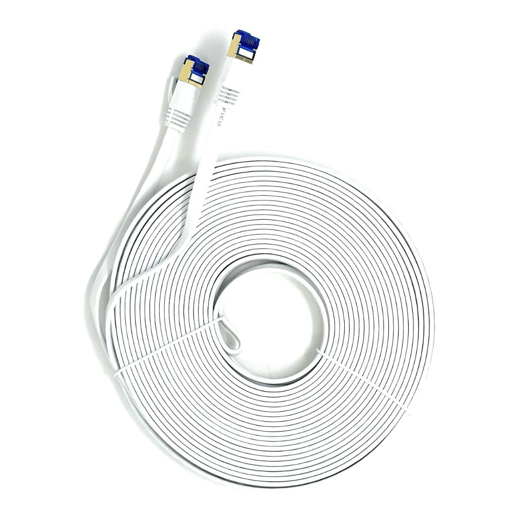 QualGear RJ45 Cat 7 Ethernet Patch Cable, 10Gpbs High-Speed Cable, 600MHz, Triple-Shielded, Flat - White, 50ft.