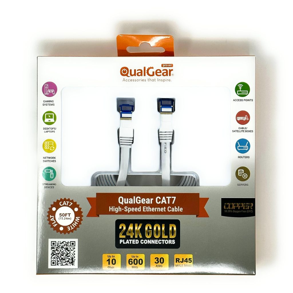 QualGear RJ45 Cat 7 Ethernet Patch Cable, 10Gpbs High-Speed Cable, 600MHz, Triple-Shielded, Flat - White, 50ft.