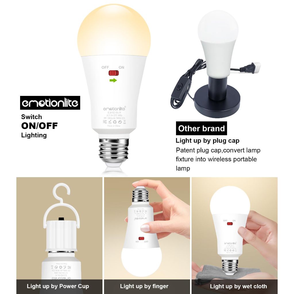 Emotionlite Rechargeable Emergency Light Bulb, 1800mAh Battery Backup , 3 Brightness Dimmable, E26 Base (3 Pack)