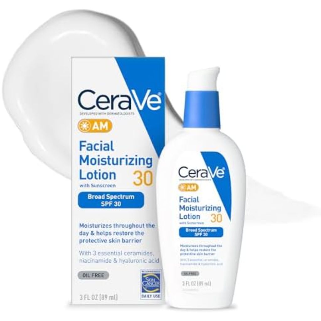 CeraVe AM Facial Moisturizing Lotion with SPF 30, Oil-Free Face Moisturizer with SPF, Formulated with Hyaluronic Acid, Niacinamide & Ceramides, Non-Comedogenic, Broad Spectrum Sunscreen, 3 Ounce