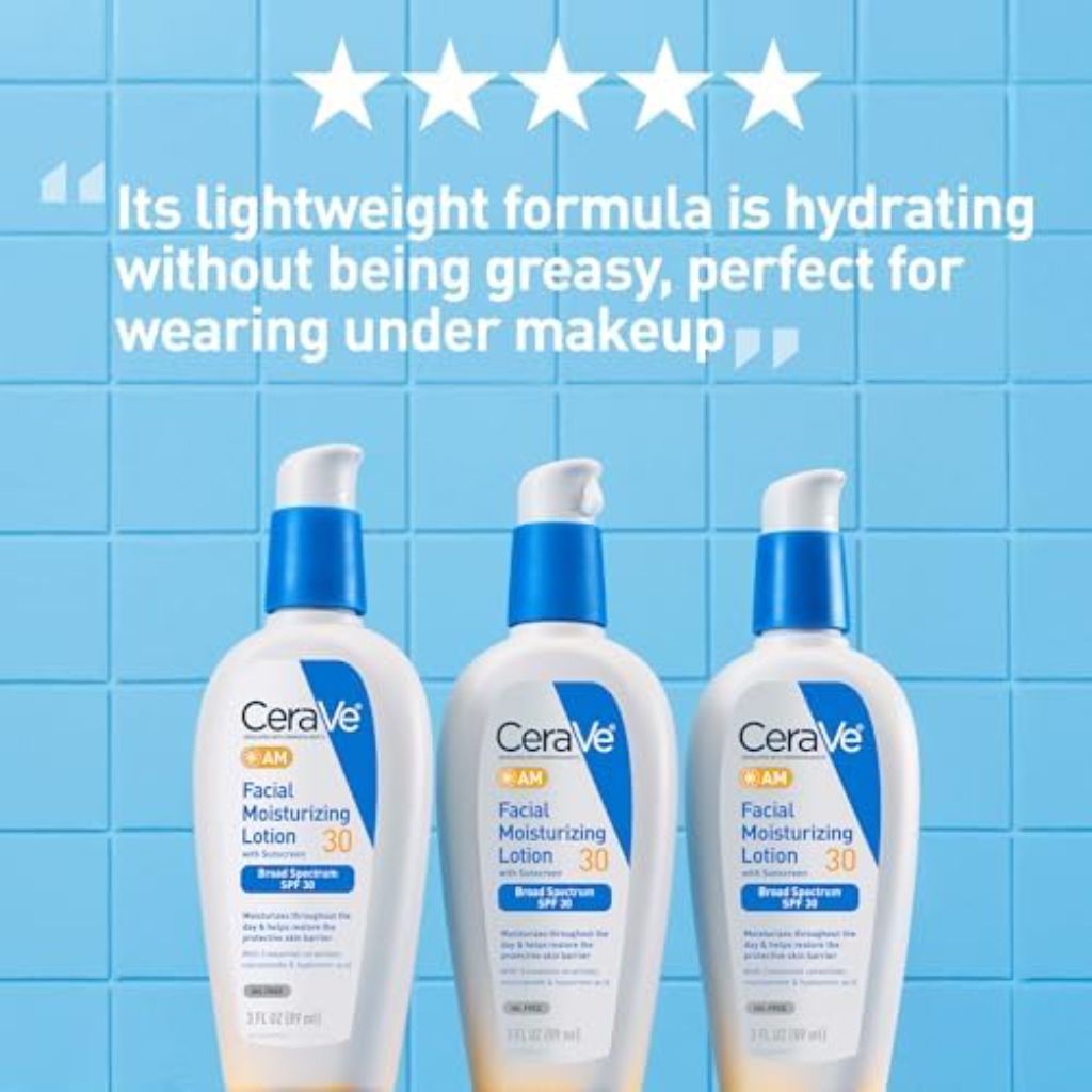 CeraVe AM Facial Moisturizing Lotion with SPF 30, Oil-Free Face Moisturizer with SPF, Formulated with Hyaluronic Acid, Niacinamide & Ceramides, Non-Comedogenic, Broad Spectrum Sunscreen, 3 Ounce