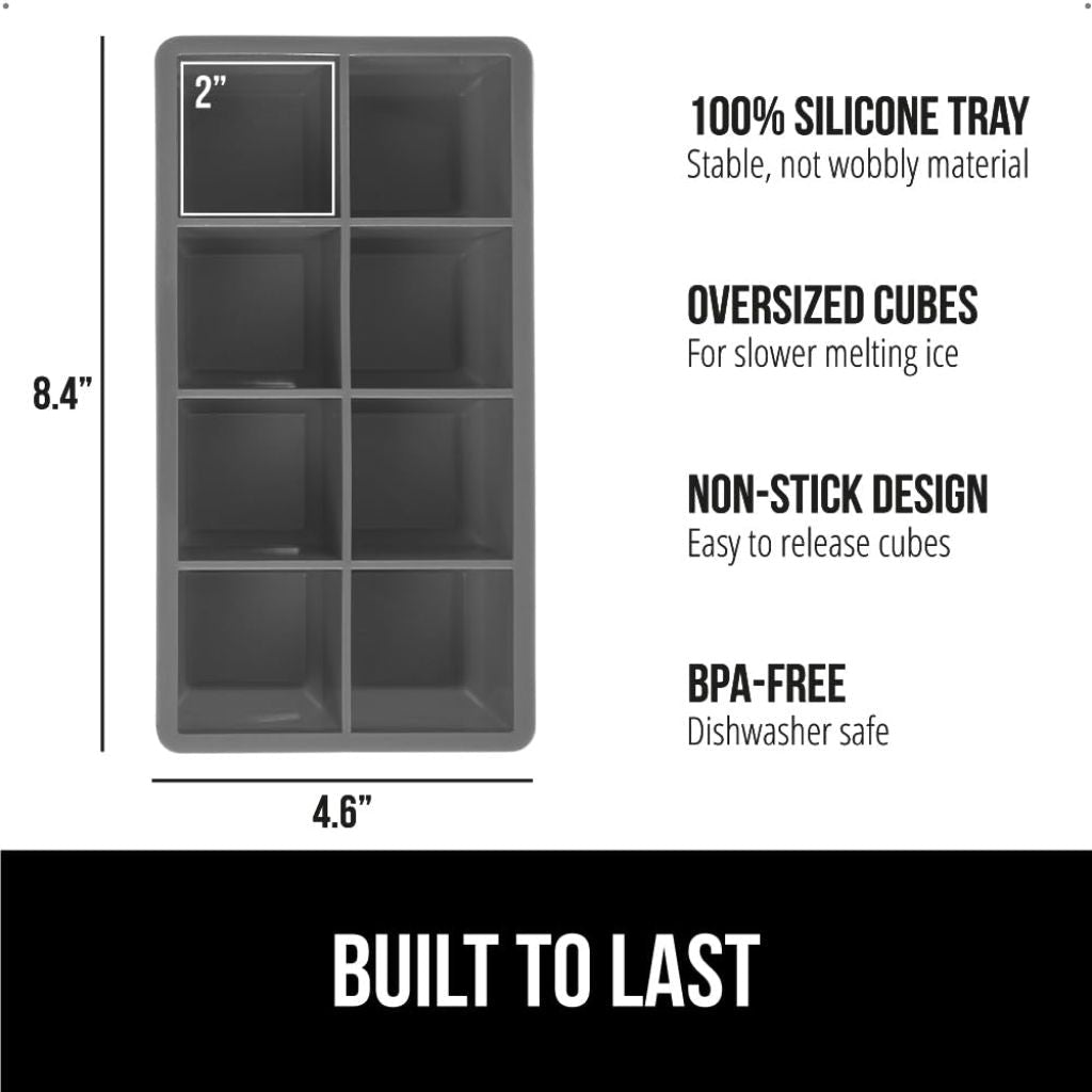Gorilla Grip Slow Melting Large Silicone Ice Cube Tray - 8 Square Cubes (2 Pack), Gray