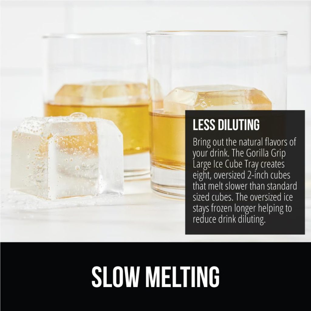 Gorilla Grip Slow Melting Large Silicone Ice Cube Tray - 8 Square Cubes (2 Pack), Gray