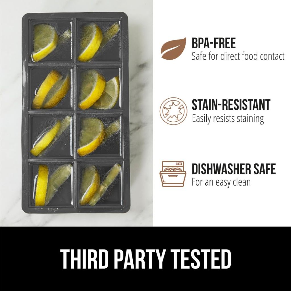 Gorilla Grip Slow Melting Large Silicone Ice Cube Tray - 8 Square Cubes (2 Pack), Gray