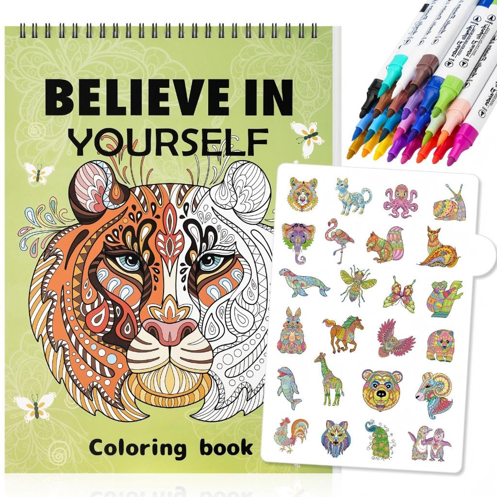 Adult Coloring Book Set: 24 Markers with Spiral Bound Coloring Book (Animal)