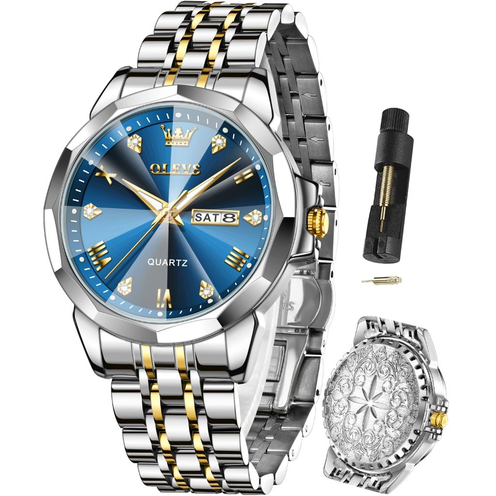 OLEVS Men's Analog Quartz Two-Tone Stainless Steel, Blue Case Watch (9931X)