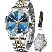 OLEVS Men's Analog Quartz Two-Tone Stainless Steel, Blue Case Watch (9931X)