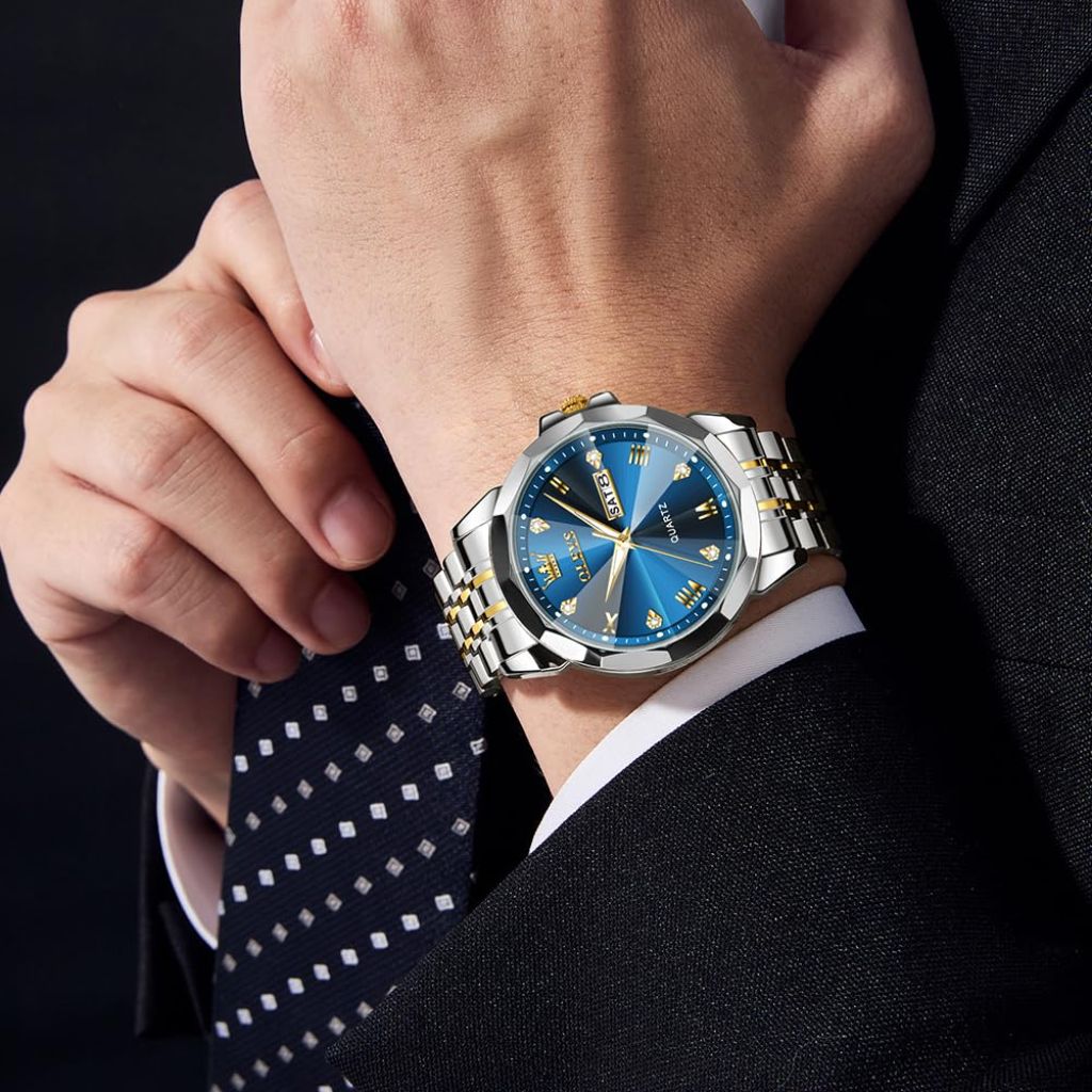 OLEVS Men's Analog Quartz Two-Tone Stainless Steel, Blue Case Watch (9931X)