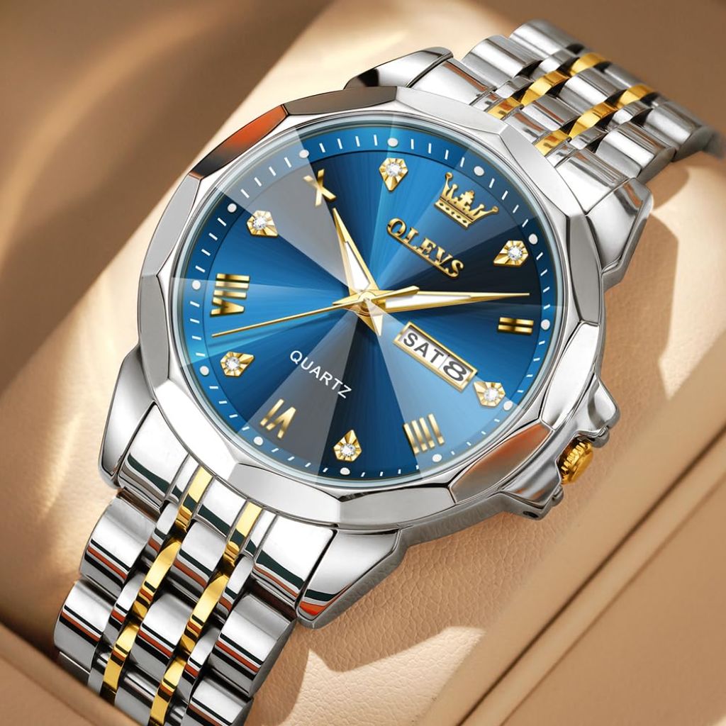 OLEVS Men's Analog Quartz Two-Tone Stainless Steel, Blue Case Watch (9931X)