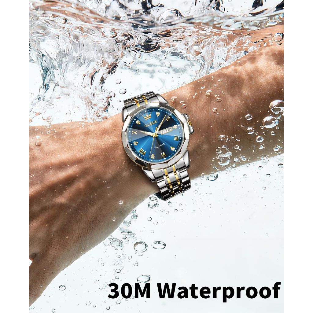 OLEVS Men's Analog Quartz Two-Tone Stainless Steel, Blue Case Watch (9931X)