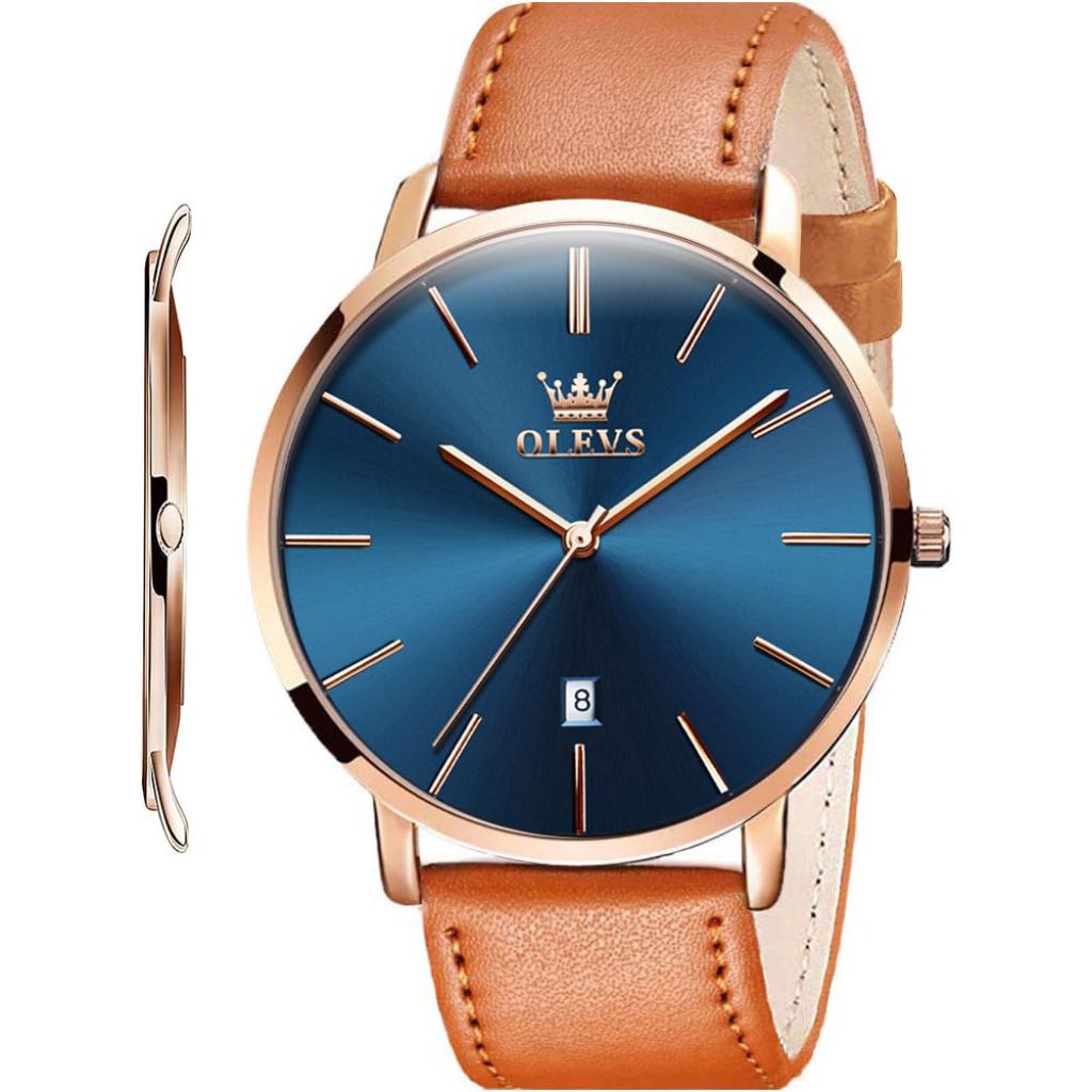 OLEVS Men's Ultra Thin Minimalist Big Face Wrist Watches, Brown Leather Band, Blue Face, 40mm