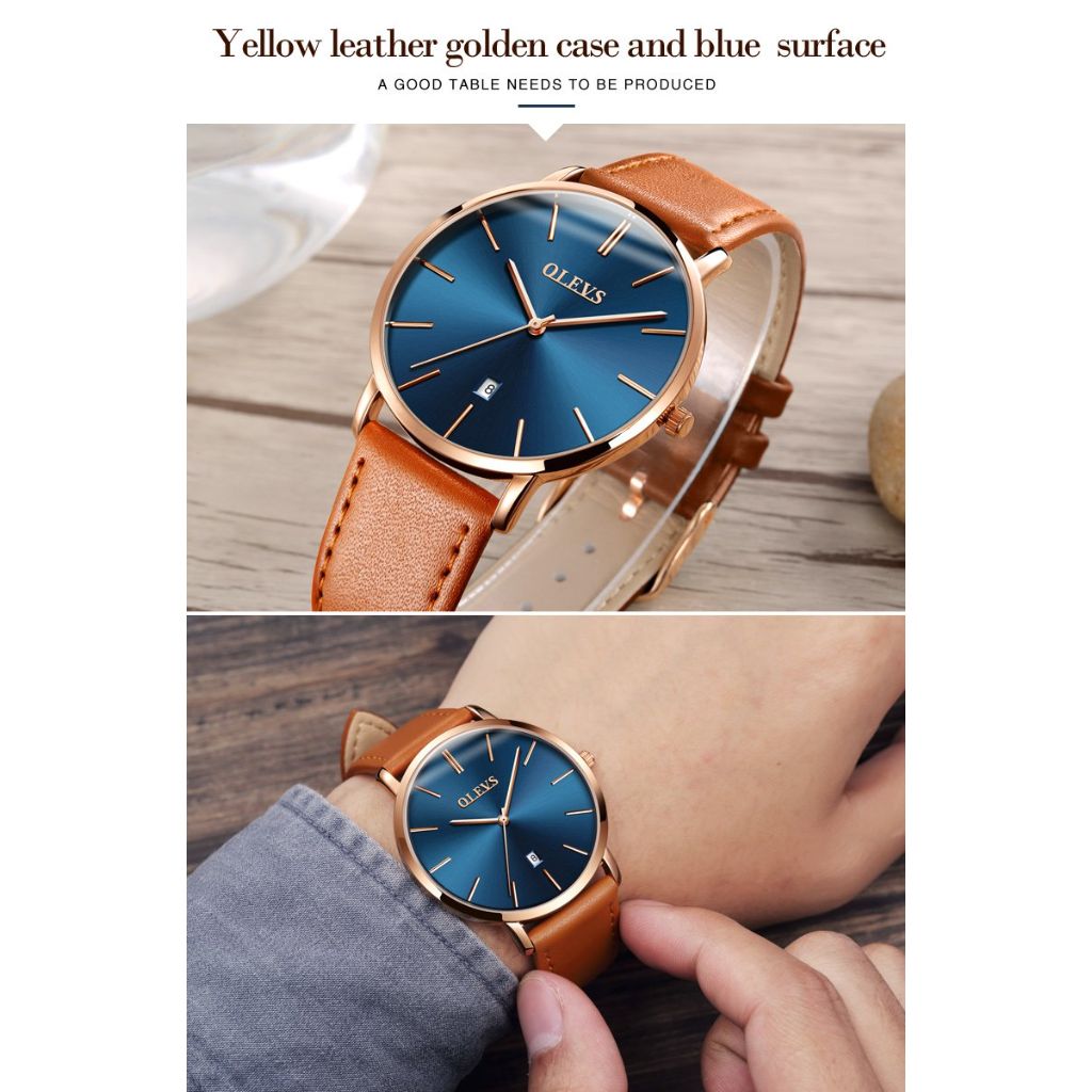 OLEVS Men's Ultra Thin Minimalist Big Face Wrist Watches, Brown Leather Band, Blue Face, 40mm
