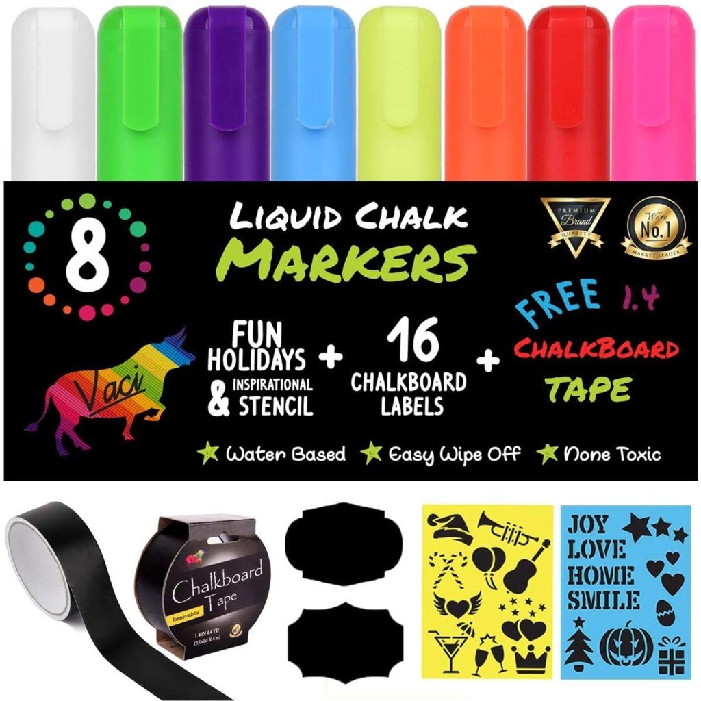 Vaci Liquid Chalk Markers with Tape, Stencils & Labels, 6mm - 8 Colors