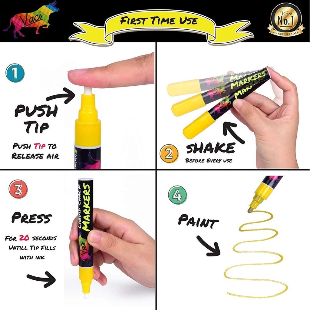 Vaci Liquid Chalk Markers with Tape, Stencils & Labels, 6mm - 8 Colors