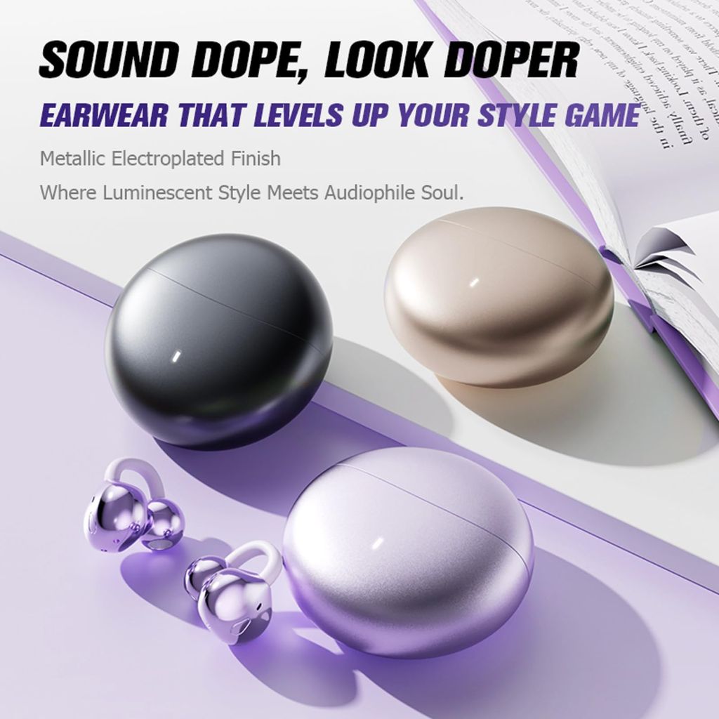 Open Ear Clip-On Bluetooth Earbuds with Ear Cuff, Bone Conduction Technology (M300) - Purple