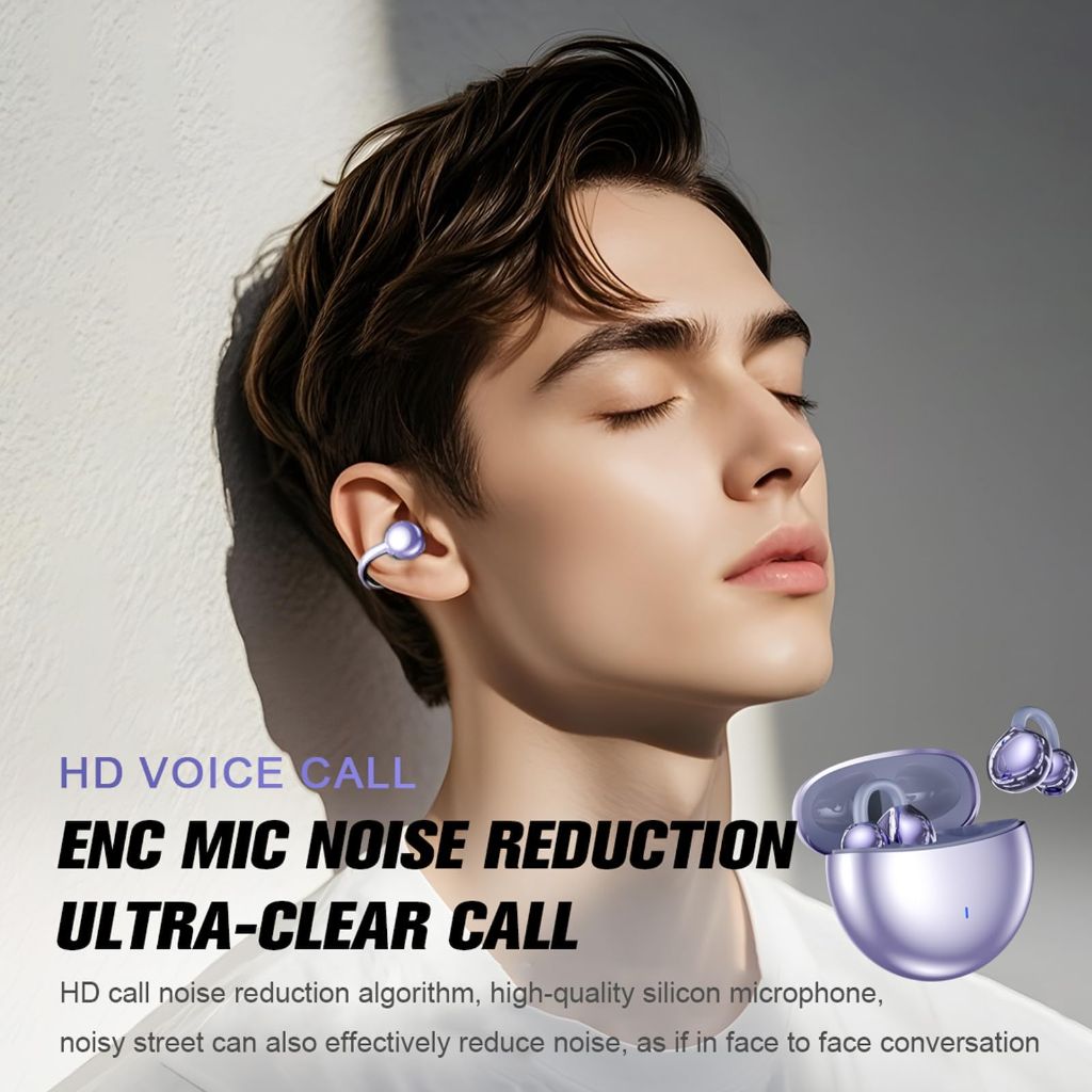 Open Ear Clip-On Bluetooth Earbuds with Ear Cuff, Bone Conduction Technology (M300) - Purple