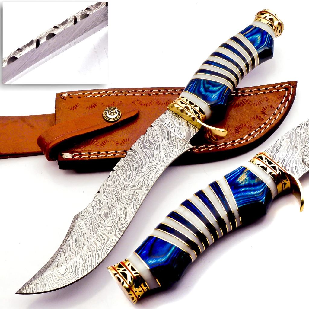 NoonKnives Hand Made Damascus Steel Collectible Bowie Knife & Handle Camel Bone with Pakka Wood (Blue)