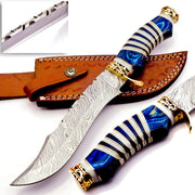 NoonKnives Hand Made Damascus Steel Collectible Bowie Knife & Handle Camel Bone with Pakka Wood (Blue)
