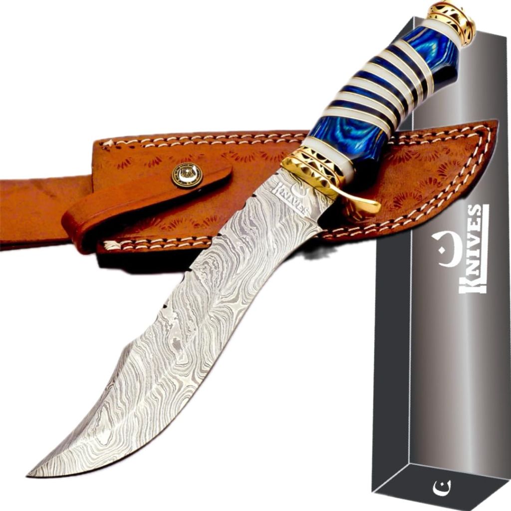 NoonKnives Hand Made Damascus Steel Collectible Bowie Knife & Handle Camel Bone with Pakka Wood (Blue)