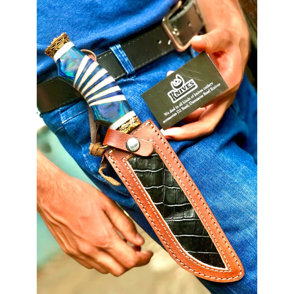 NoonKnives Hand Made Damascus Steel Collectible Bowie Knife & Handle Camel Bone with Pakka Wood (Blue)