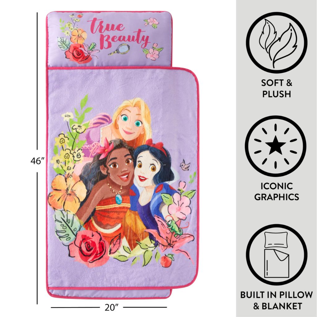 Disney Princess Toddler Quilted Nap Mat with Built-in Blanket & Pillow, 20" W x 46" L