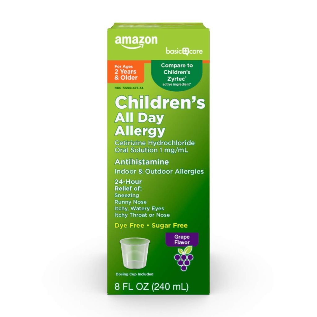 Amazon Basic Care 24 Hour Allergy Relief for Children 2 & Up, Dye-Free - Grape, 8 fl. oz.