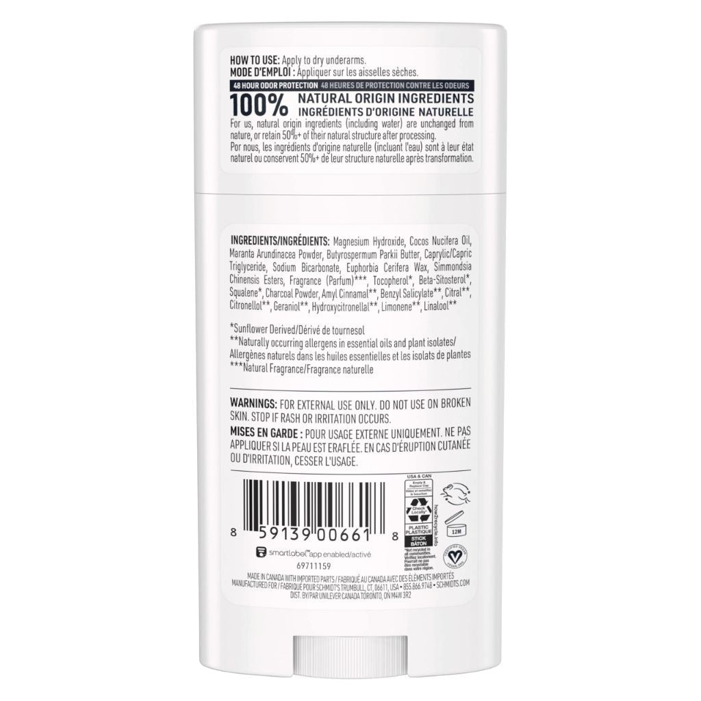Schmidt's Aluminum-Free Vegan Deodorant Charcoal & Magnesium with 24 Hour Odor Protection - 2.65oz